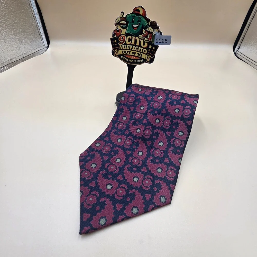 Vintage Giorgio Armani Cravatte Mens Silk Tie Burgundy Navy Floral Paisley